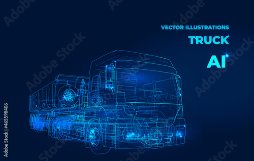 Polygonal 3d truck with smartphone in dark blue background. Online cargo delivery service, logistics or tracking app concept. Abstract vector illustration of online freight delivery service