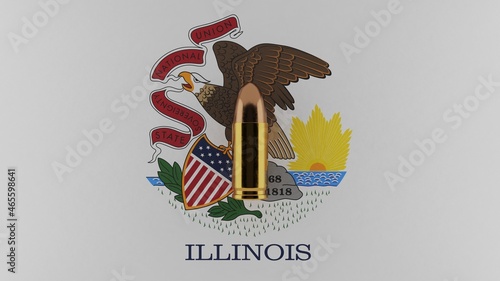 Top down view of a 9mm bullet in the center and on top of the US state flag of Illinois