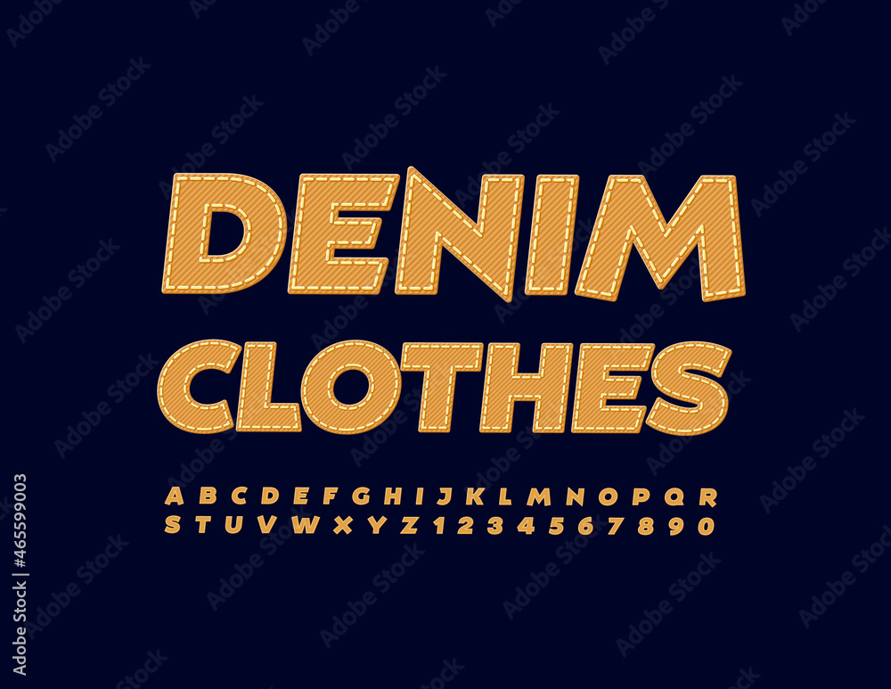 Obraz premium Vector trendy Signboard Denim Clothes. Jeans texture Font. Creative Alphabet Letters and Numbers for Fashion store