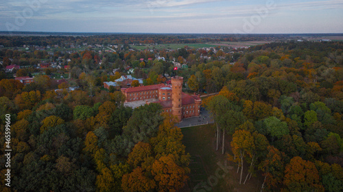 Aerial shot of Raudone castle in Lithuania. photo