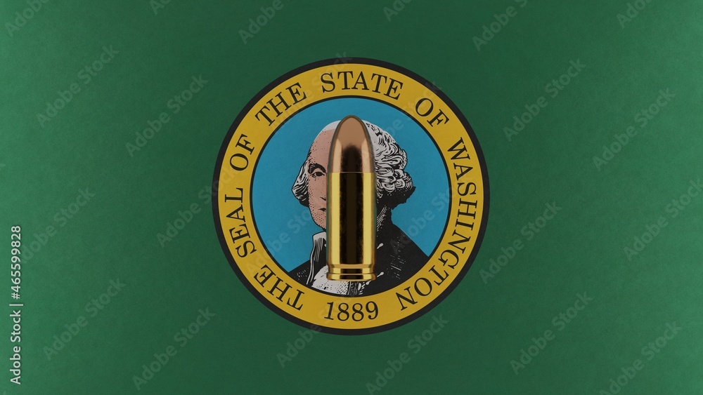 Top down view of a 9mm bullet in the center and on top of the US state flag of Washington Top down view of a 9mm bullet in the center and on top of the US state flag of Washington