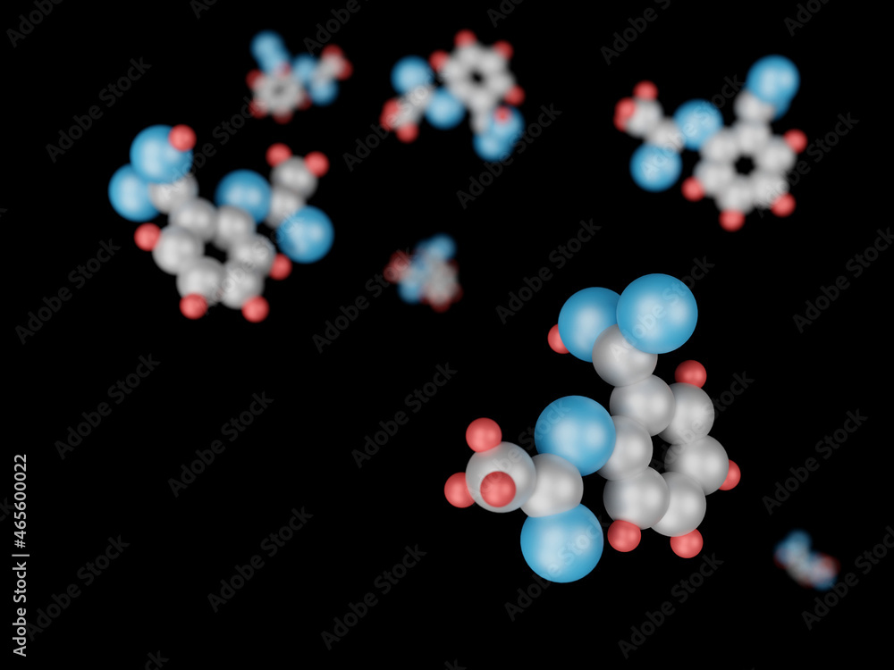 Three-dimensional abstract models of molecules of acetylsalicylic acid on a black background. 3D render. Three-dimensional abstract models of molecules of acetylsalicylic acid on a black background. 3D render.