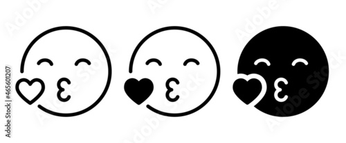 kissing mouth icon, emoticon face blowing a kiss icon, with heart illustration, editable stroke, flat design style isolated on white