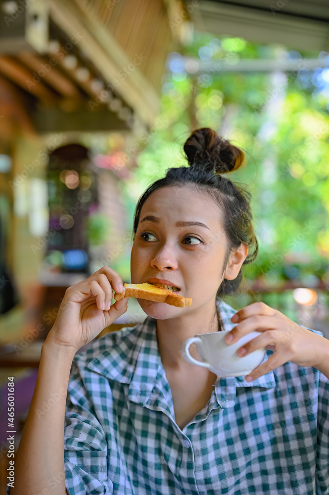 Series photo of young woman have a breakfast , morning meal