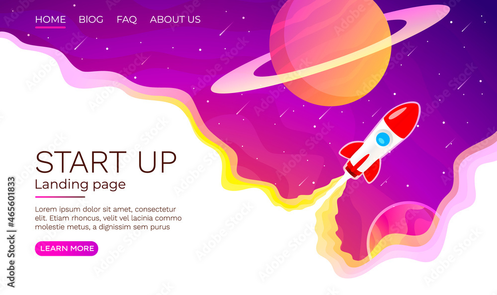 Naklejka premium Start up idea Landing page screen, development technology, rocket banner. Vector