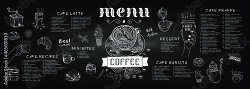 Coffee house menu. Restaurant cafe menu, template design. Food flyer. Layout with vintage lettering and frame of hand-drawn graphic sweets. Vector.