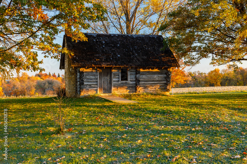 Stockholm, WI, USA - October 23, 2021: Historical landmark in Pepin County, Wisconsin Little House Wayside Cabin. Replica cabin of the birthplace of Laura Ingalls Wilder described in the book Little H photo