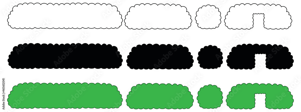 Rounded Hedge Shrub or Bush Clipart Set - Outline, Silhouette and Color	
