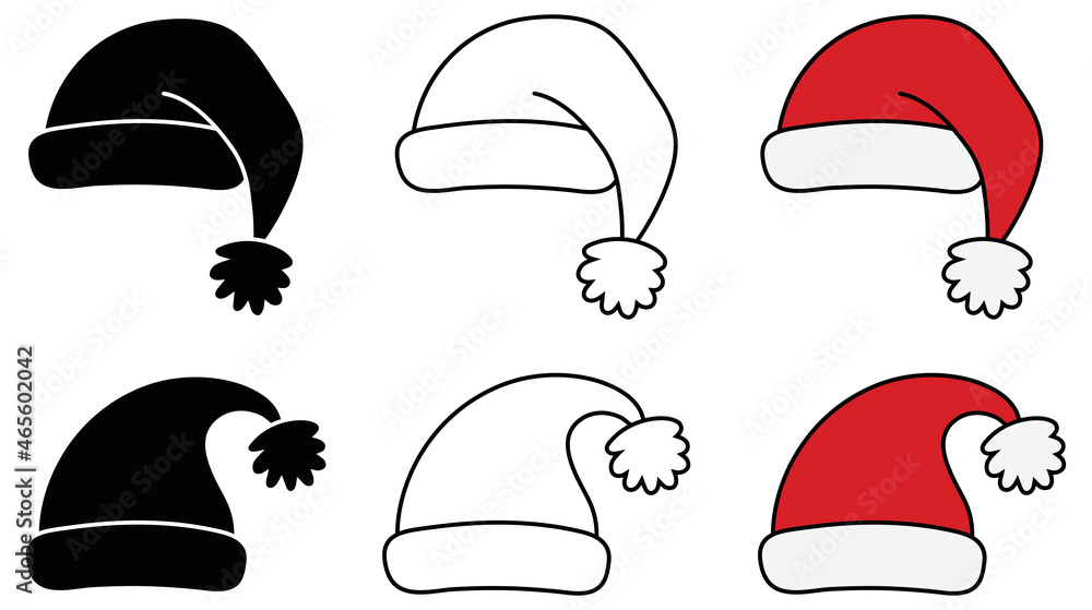 Santa Hat Clipart Set - Outline, Silhouette and Color Stock Vector