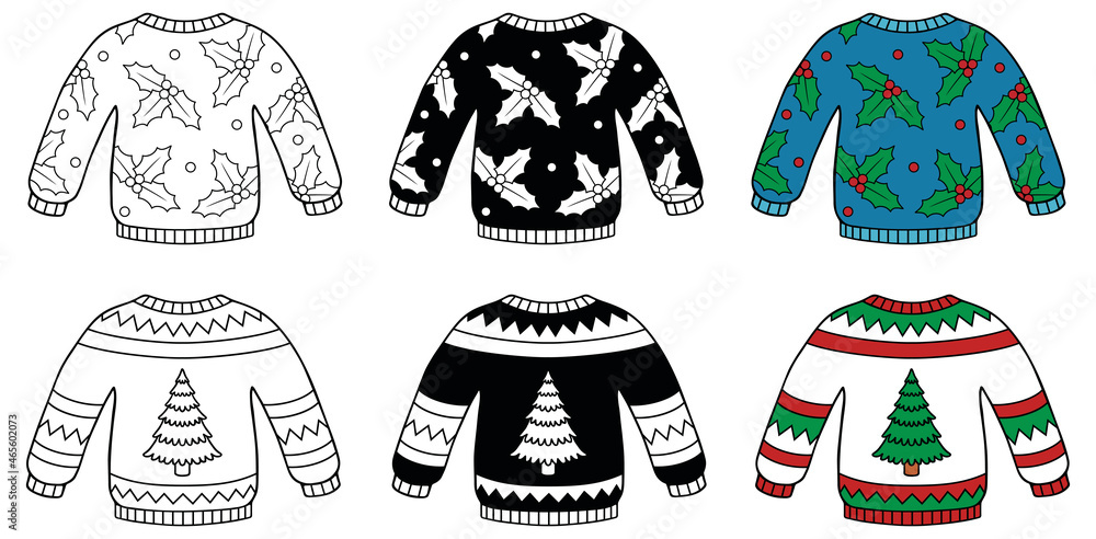Christmas Sweate Clipart Set - Outline, Silhouette and Color Stock ...