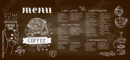 Coffee house menu. Restaurant cafe menu, template design. Food flyer. Layout with vintage lettering and frame of hand-drawn graphic sweets. Vector.