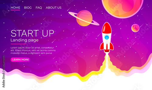 Start up idea Landing page screen, development technology, rocket banner. Vector