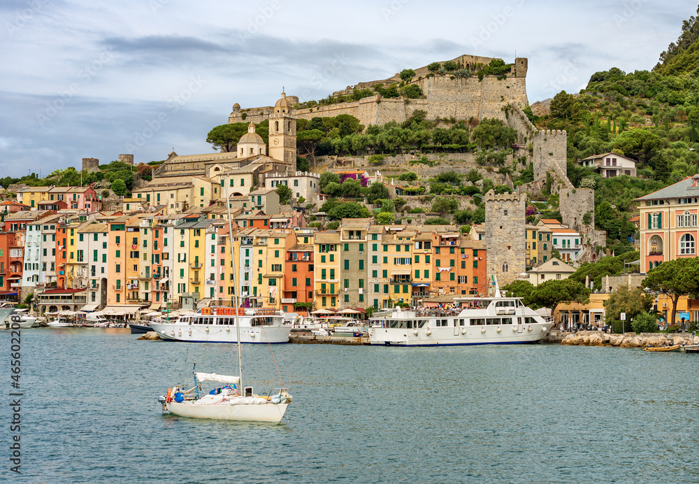 Cityscape of Porto Venere or Portovenere seen from the Mediterranean sea (Ligurian sea), Gulf of La Spezia, UNESCO world heritage site, La Spezia, Liguria, Italy, southern Europe.