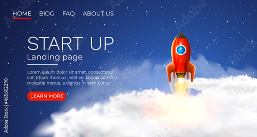 Start up idea Landing page screen, development technology, rocket banner. Vector