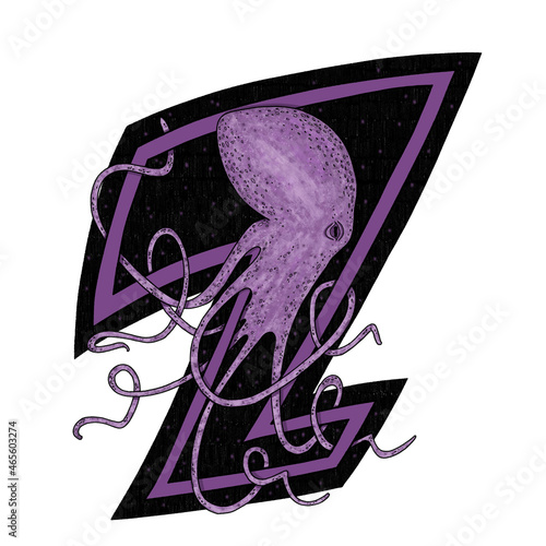 Numeral 2 is part of the digits creative set. Black-white figure with abstraction purple striped sea octopus sea dweller. Hand drawn lettering illustration for design, interior, print, typography.