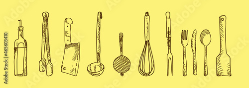 Hand drawn set of kitchen utensils on a chalkboard. Items, drawing.  Easily Editable Vector. EPS 10. 