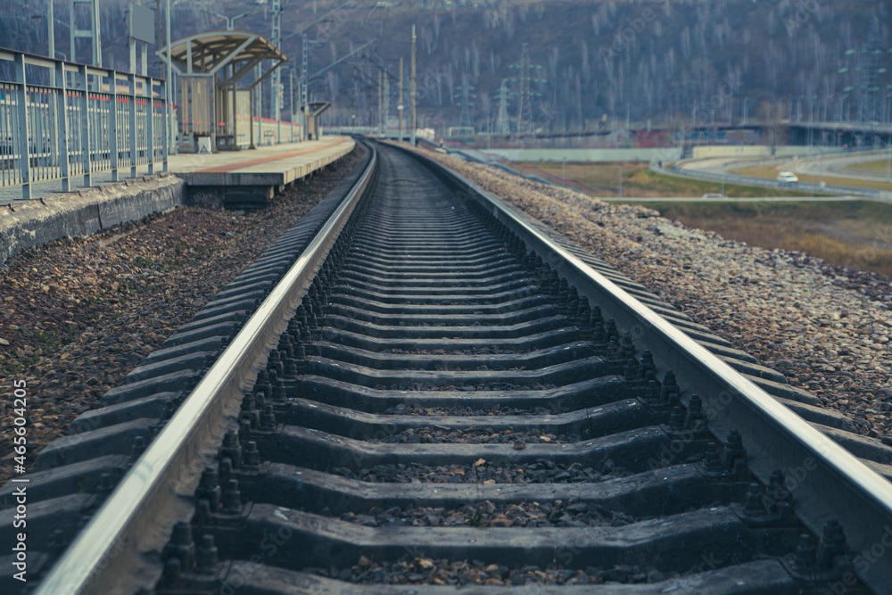 Fototapeta premium Rails stretching into the distance and the railway station. Railway transport, travel, communications.
