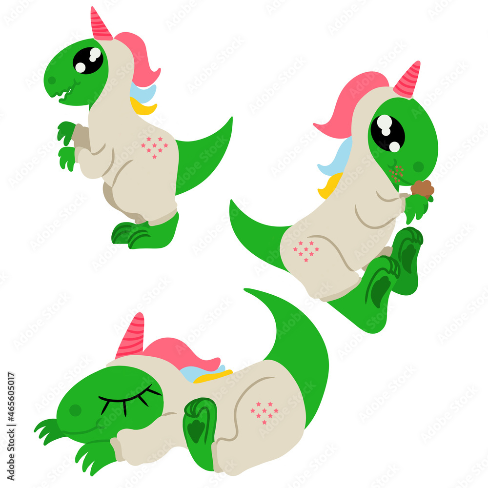 Obraz premium Set of cute dinosaurs in unicorn kigurumi. Dinosaur who just stands there eating muffin and sleeping one. Image isolated on white background. Vector illustration. Design element