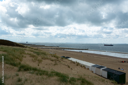View on white sandy  beach  dunes and water of North sea between Vlissingen en Domburg  Zeeland  Netherlands