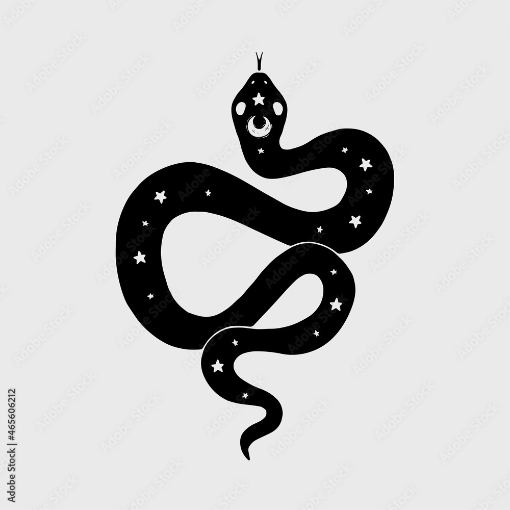 Snake black silhouette Magical snake with crescent moon and stars ...