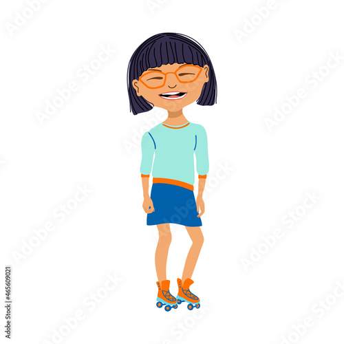 Vector illustration of happy smiling girl rollerblading. Summer children sport activity. Cartoon style portrait isolated on white background.