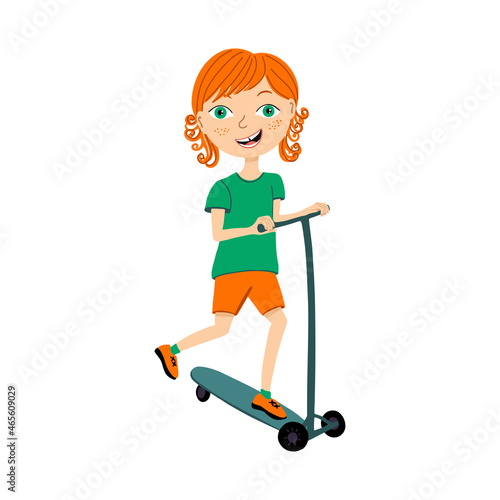 Vector illustration of happy smiling boy riding kid scooter. Summer children sport activity.  Cartoon style portrait isolated on white background.