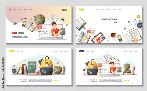Set of web pages with study supplies for Studying, education, learning, back to school, student, stationery. Vector illustration for poster, banner, website, advertising.