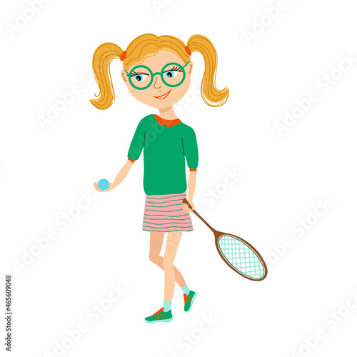Vector illustration of female athlete playing tennis. Young girl with ball and racket. Cartoon style portrait isolated on white background. © danielekaterina