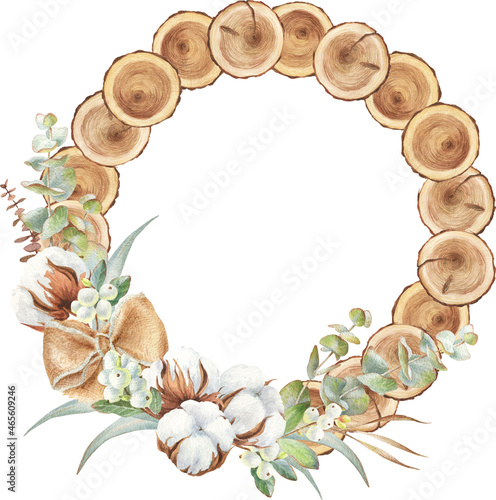 Watercolor floral illustration. Cotton, eucalyptus, snowberries, wood slice wreath isolated on white background