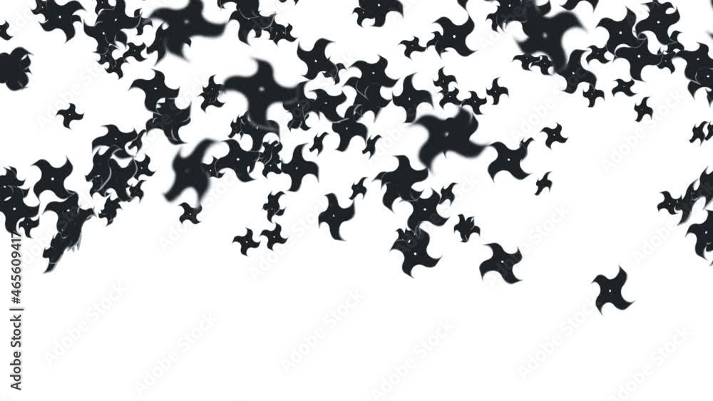 Many ninja shuriken throwing in air on white background. Japanese culture metal weapon. Martial art concept. Loop animation. Many ninja shuriken throwing in air on white background. Japanese culture metal weapon. Martial art concept. Loop animation.