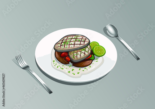 Vector Illustration of Grilled King Fish arranged in a serving white plate.