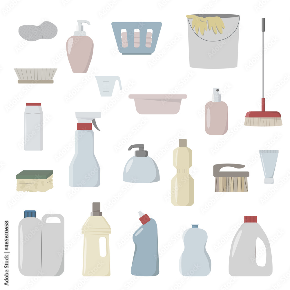 Fototapeta premium Vector set of products for cleaning. Isolated on a white background. Colorful collection of illustrations of detergents.