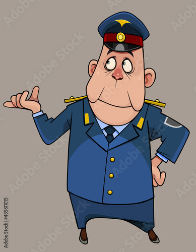 cartoon man in police uniform stands in surprise gesturing with his hand