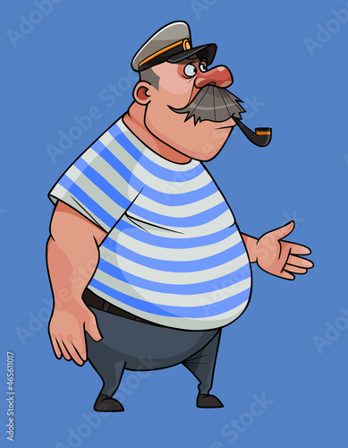 cartoon mustachioed man in sailor uniform stands with a pipe in his mouth