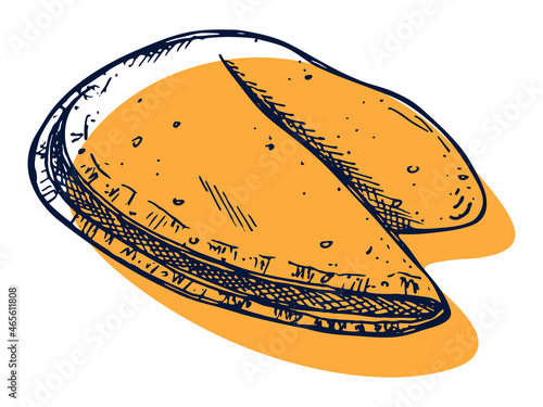 Vector hand drawn chinese fortune cookies isolated on white backgrounds. Food illustration. Crisp cookie with a blank piece of paper inside. For print, web, design, decor, logo.