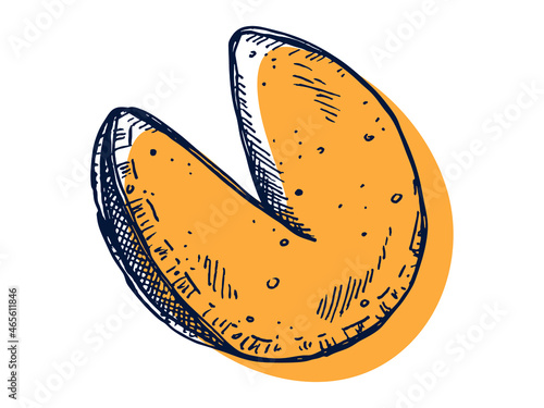 Vector hand drawn chinese fortune cookies isolated on white backgrounds. Food illustration. Crisp cookie with a blank piece of paper inside. For print, web, design, decor, logo.