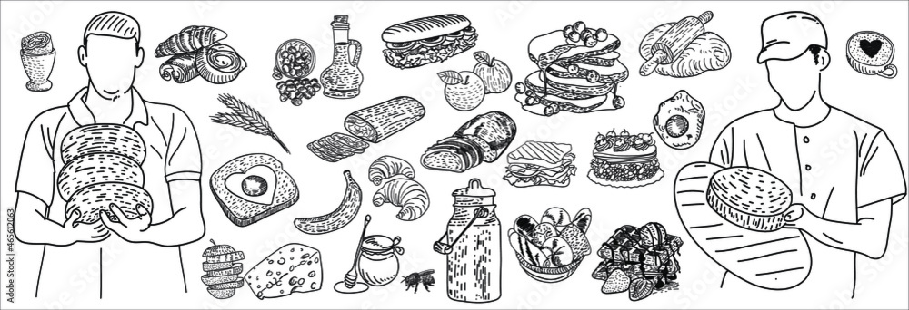 Delicatessen products. Hand drawn sketch. Engraved style.