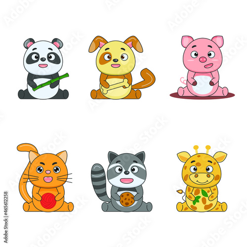 Cute smiling animals isolated on the white background vector set. Vector collection of wild and domestic animals in cartoon style.