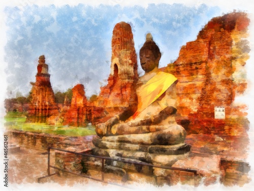 Ancient architecture of Thailand watercolor style illustration impressionist painting.