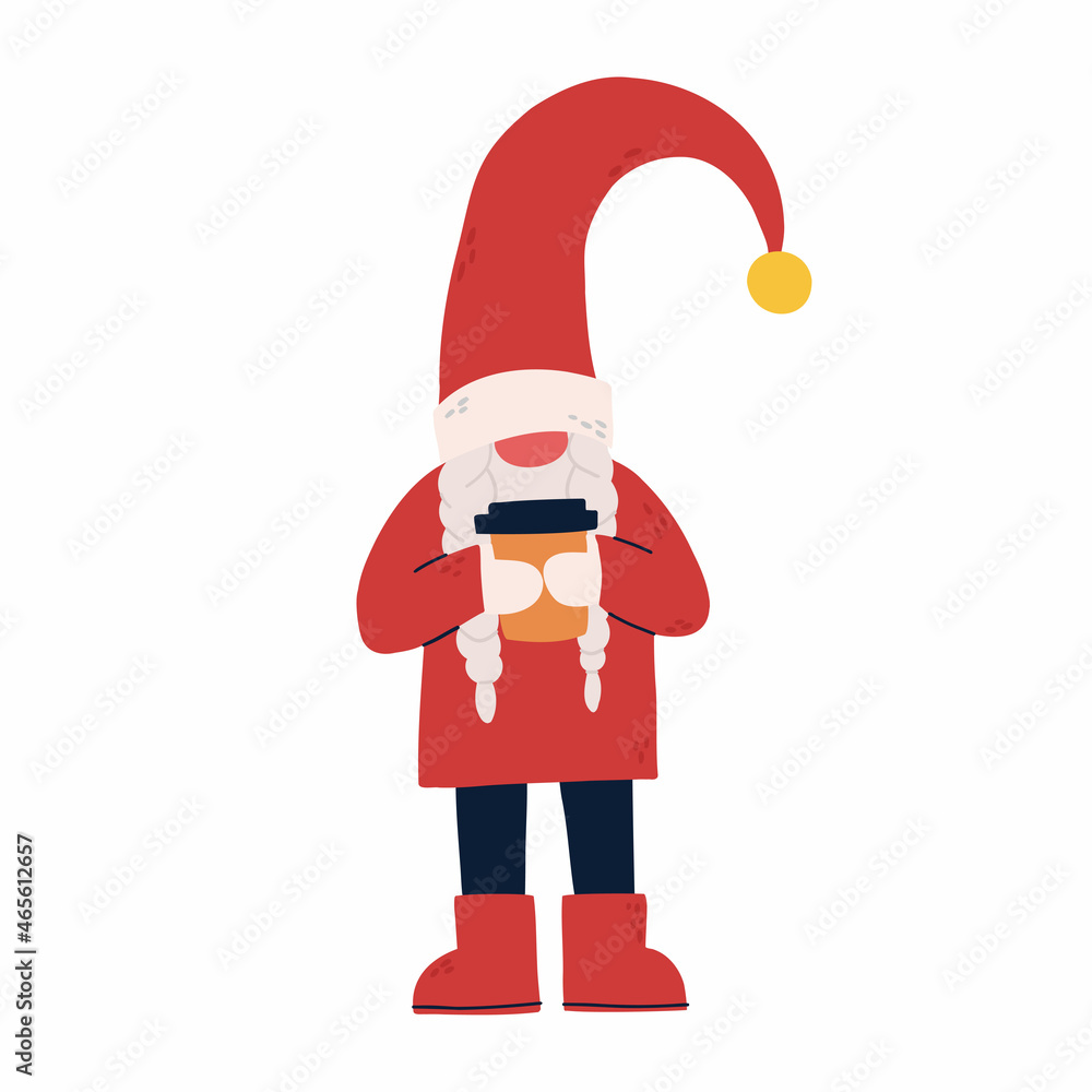 christmas winter gnome holding a cup with coffee. Santa Claus. helper santa. christmas illustration. vector colorful illustration isolated on white background. christmas winter gnome holding a cup with coffee. Santa Claus. helper santa. christmas illustration. vector colorful illustration isolated on white background.