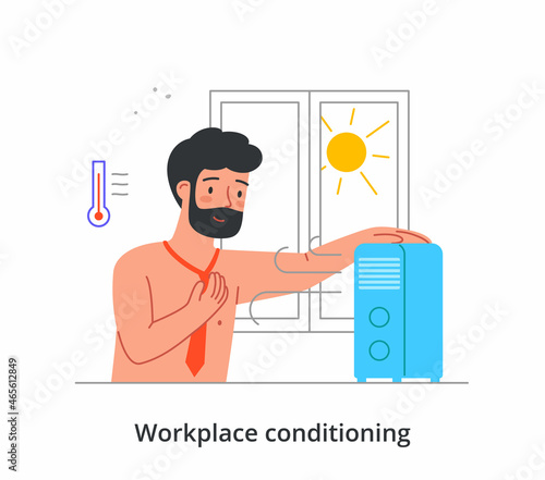 Man works in heat concept. Tired, sweaty employee took off shirt and stood in front of air conditioner. Air cooling in hot summer weather. High temperature in room. Cartoon flat vector illustration