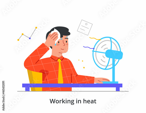 Man works in heat. Male character sitting at workplace in front of fan and wiping drop of sweat from his forehead. Cooling device in hot weather. High air temperature. Cartoon flat vector illustration