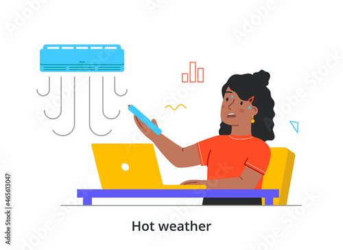 Woman works in heat concept. Employee sitting at workplace with laptop and turns on air conditioner. Modern device for supplying cold air in hot weather. Cartoon doodle flat vector illustration