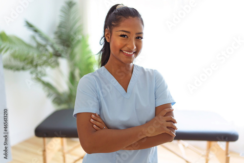 Portrait of young black woman physiotherapist on a physio center