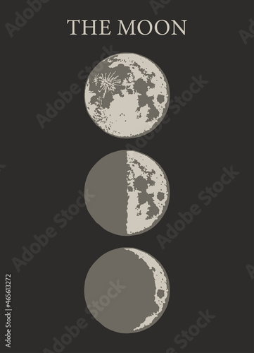 The Moon, Moon Phases in modern colors, contemporary aesthetic poster, background or card template in popular art style