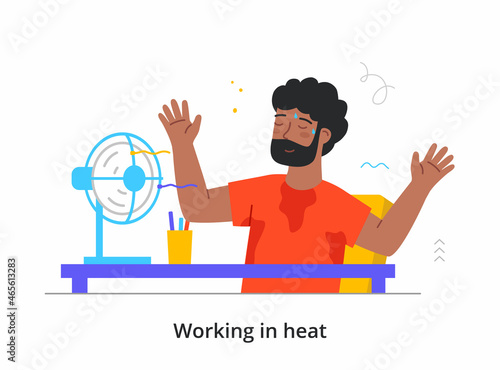 Man works in heat concept. Tired, sweaty man sitting at his workplace and turns on fan. Employee saved by cooling device in hot weather. High air temperature. Cartoon flat vector illustration