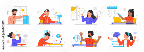 People working in heat. Set of employees suffering from high air temperature. Men and women open windows, turn on fans and air conditioners. Cartoon flat vector collection isolated on white background