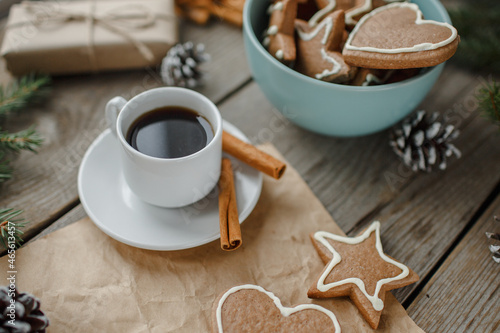 ginger cookies, coffee, top view, christmas table, natural background © Михаил Корнилов