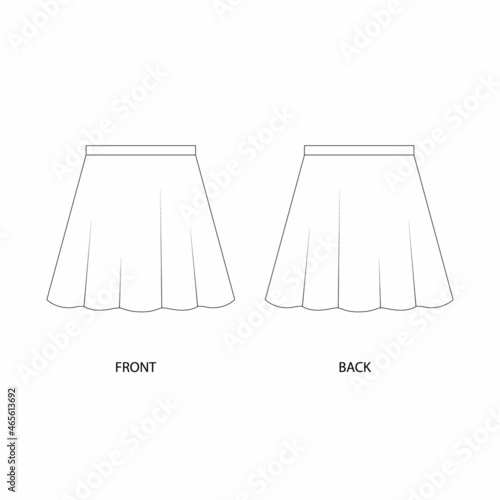 Short flared skirt template design. Mini skirt, vector.  