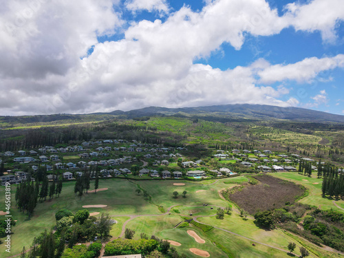 Aerial view of mountain landscape and small village in the west coast of Maui. Hawaii  USA